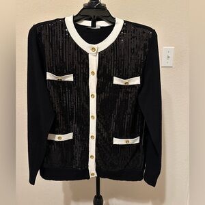 BCBG Black and White Sequin Cardigan with Gold Accents. Size Large.‎ NWT.